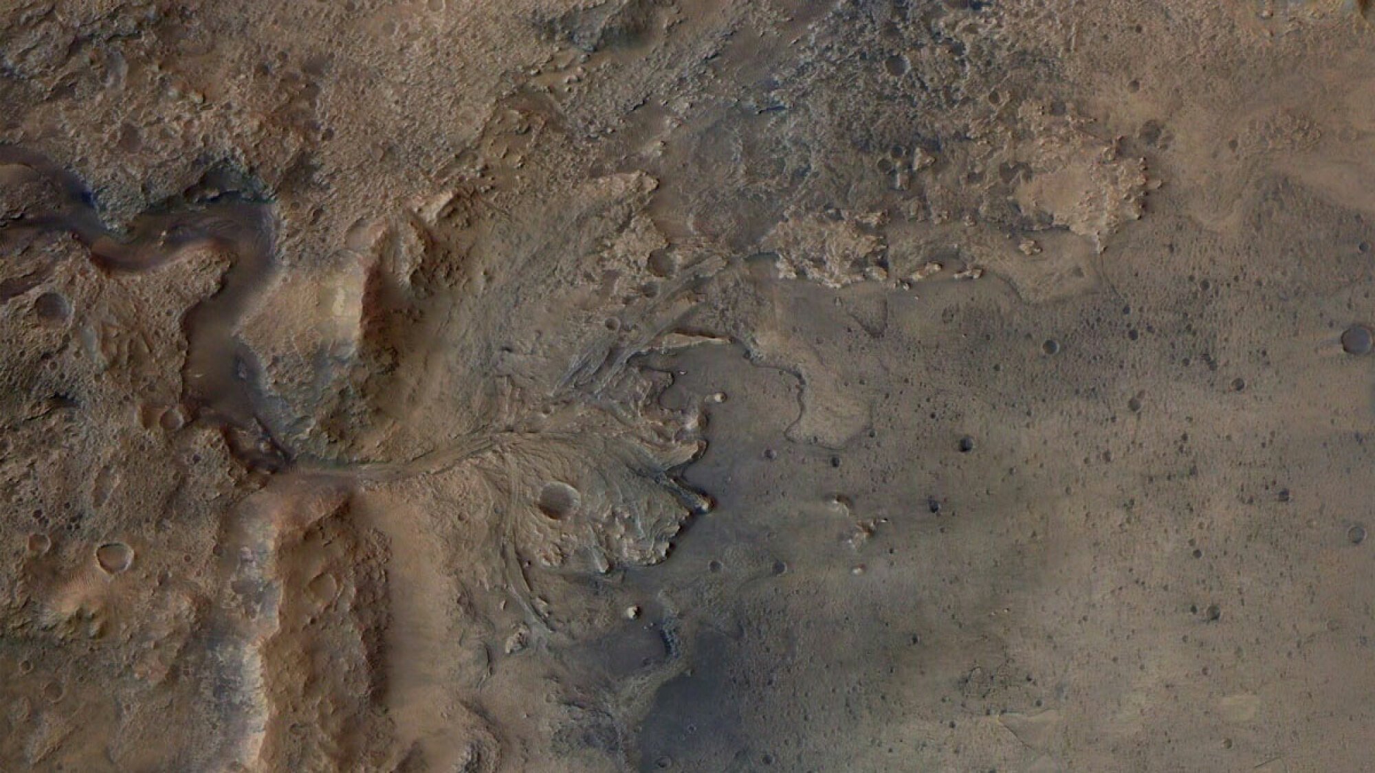 The Jezero Crater on Mars, a dried-up river delta now explored by NASA's Perseverance rover.