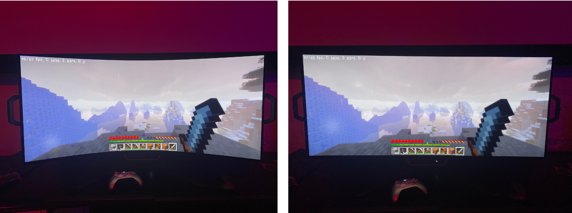 side by side of game on curved monitor and flat monitor