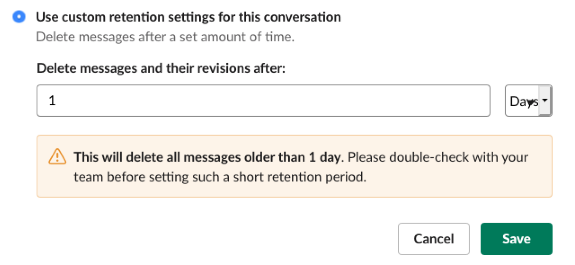A screenshot of Slack's custom retention settings.