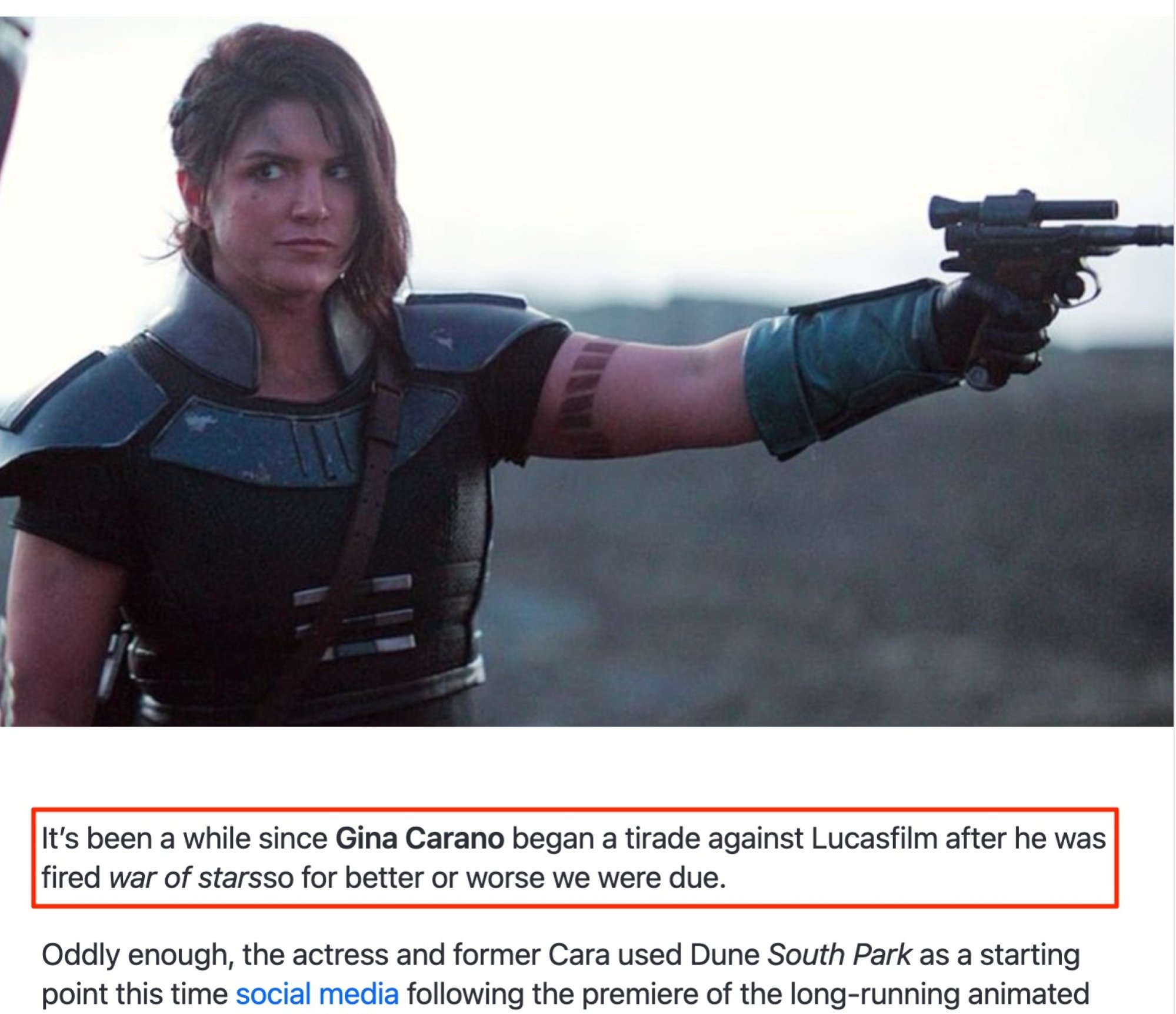 image of gina carano holding a gun above a highlighted portion of ai-generated text