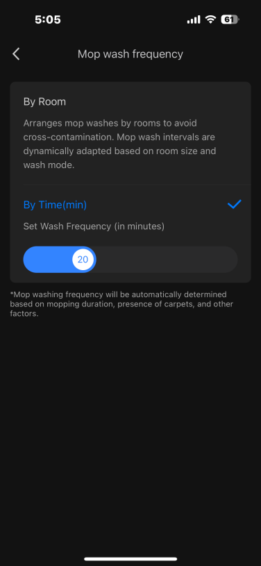In-app screenshot of the vacuum's mop wash frequency settings
