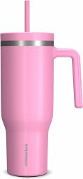 pink cup with handle and straw