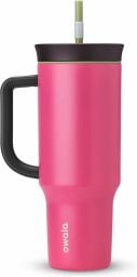 pink tumbler with black lid and handle