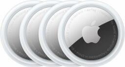 a stack of four apple airtags in a row on a white background