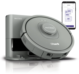 Gray Shark robot vacuum on dock and smartphone with home map on screen