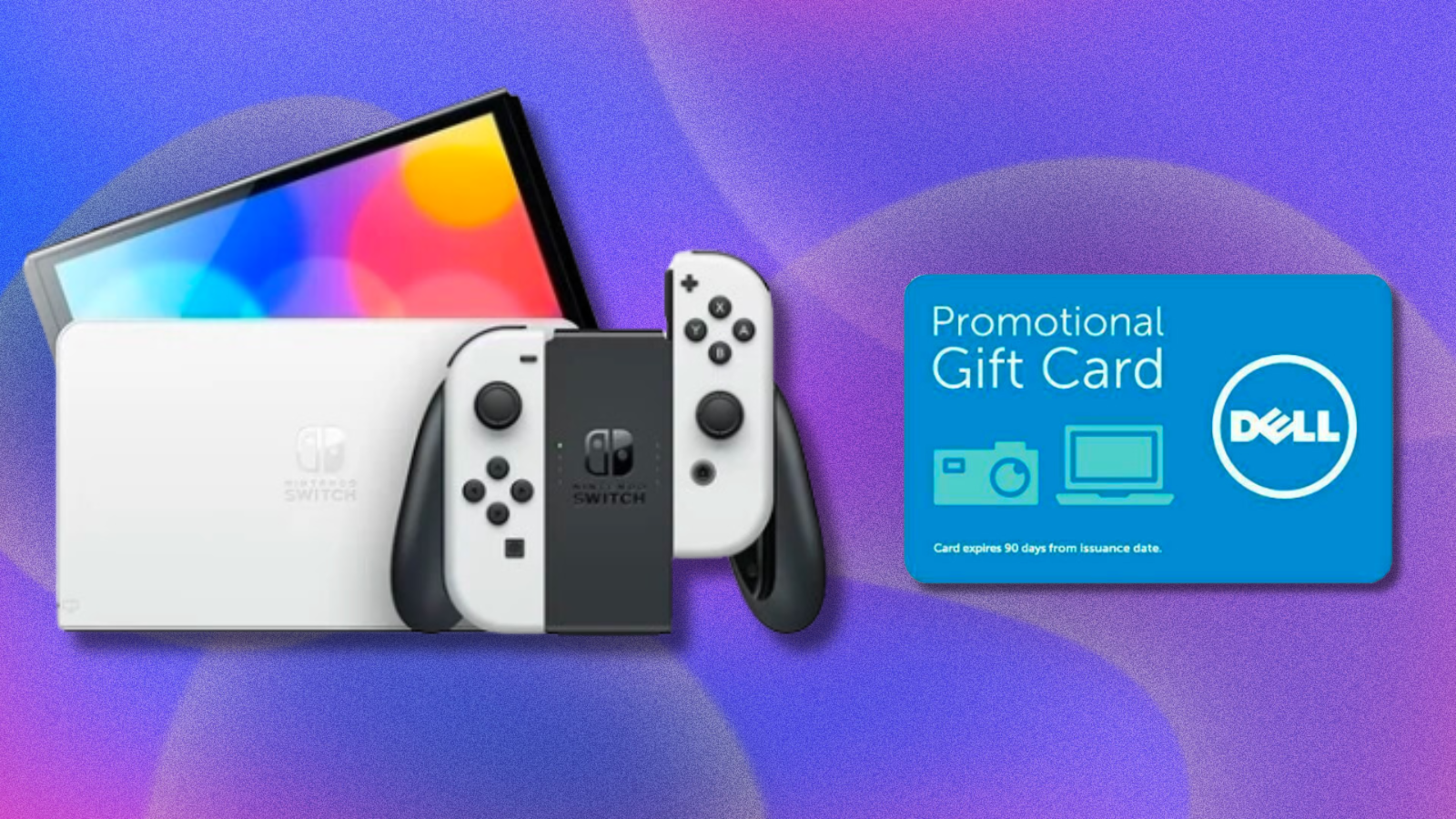 Nintendo Switch OLED and Dell eGift Card on blue and purple abstract background