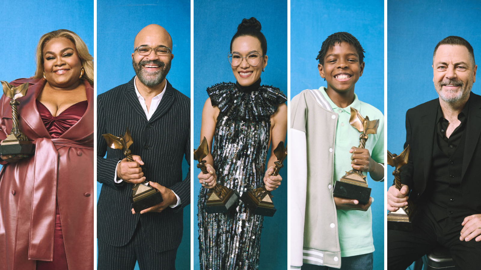 A composite of winners at the 2024 Film Independent Spirit Awards. From right to left: Da'Vine Joy Randolph, Jeffrey Wright, Ali Wong, Keivonn Woodard, Nick Offerman.