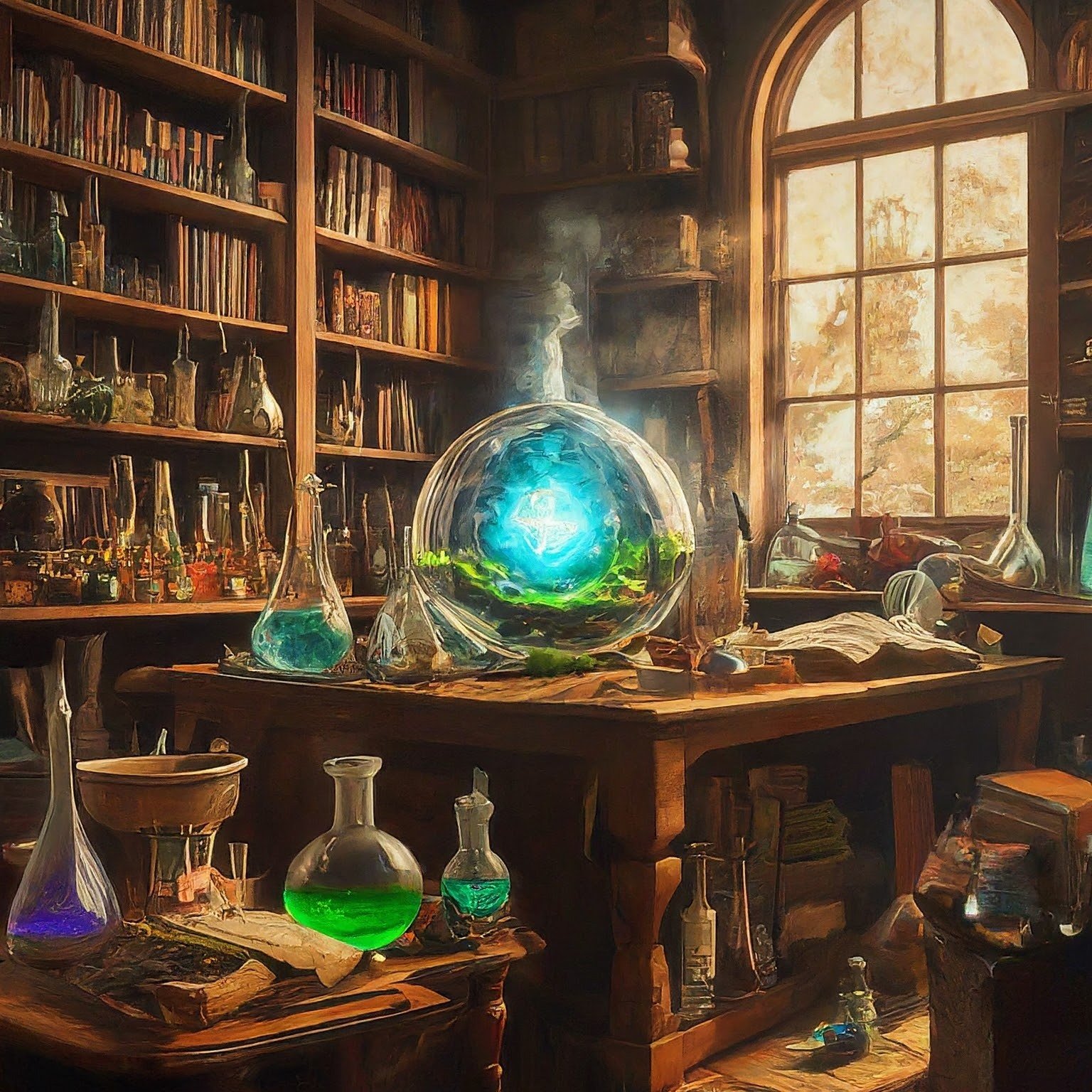 an alchemists lab with test tubes filled with colorful liquid