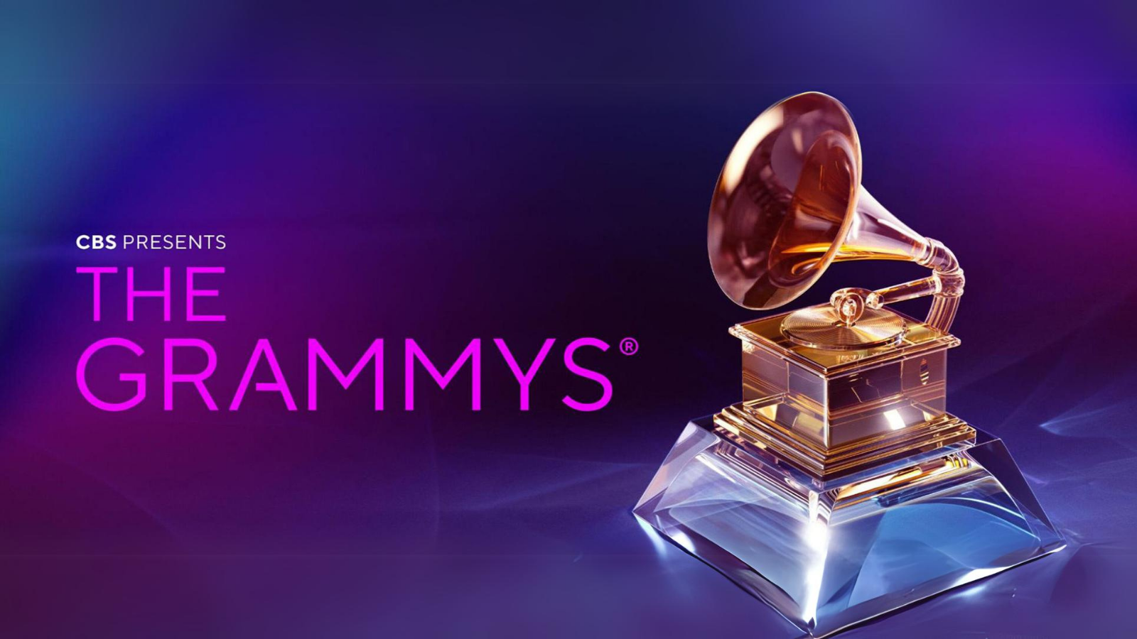 The Grammys ad with Grammy trophy on purple gradient background