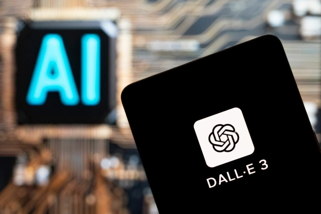 DALL-E 3 logo on a smartphone in front of a screen that says 