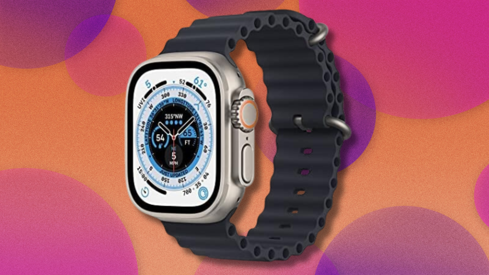 Apple Watch Ultra on pink, orange, and purple abstract background
