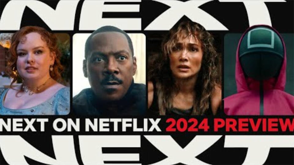 Four side-by-side images of characters from major Netflix shows are visible along with the words 