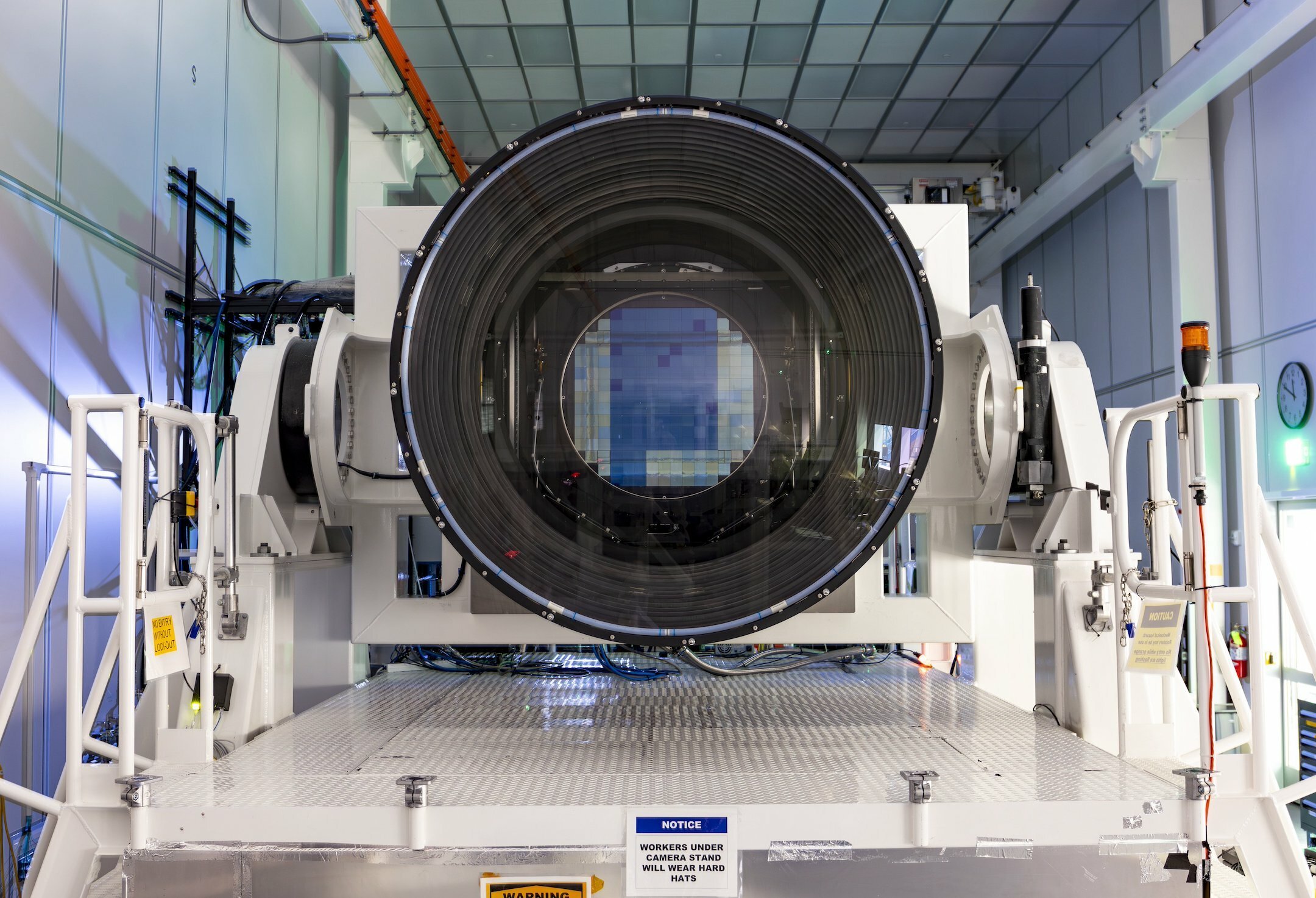 A view of the LSST camera in its cleanroom at the SLAC National Accelerator Laboratory.