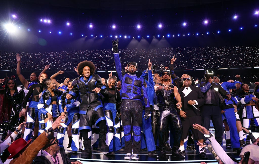 Ludacris, Usher, Jermaine Dupri, and Lil Jon on stage at the Super Bowl Halftime Show