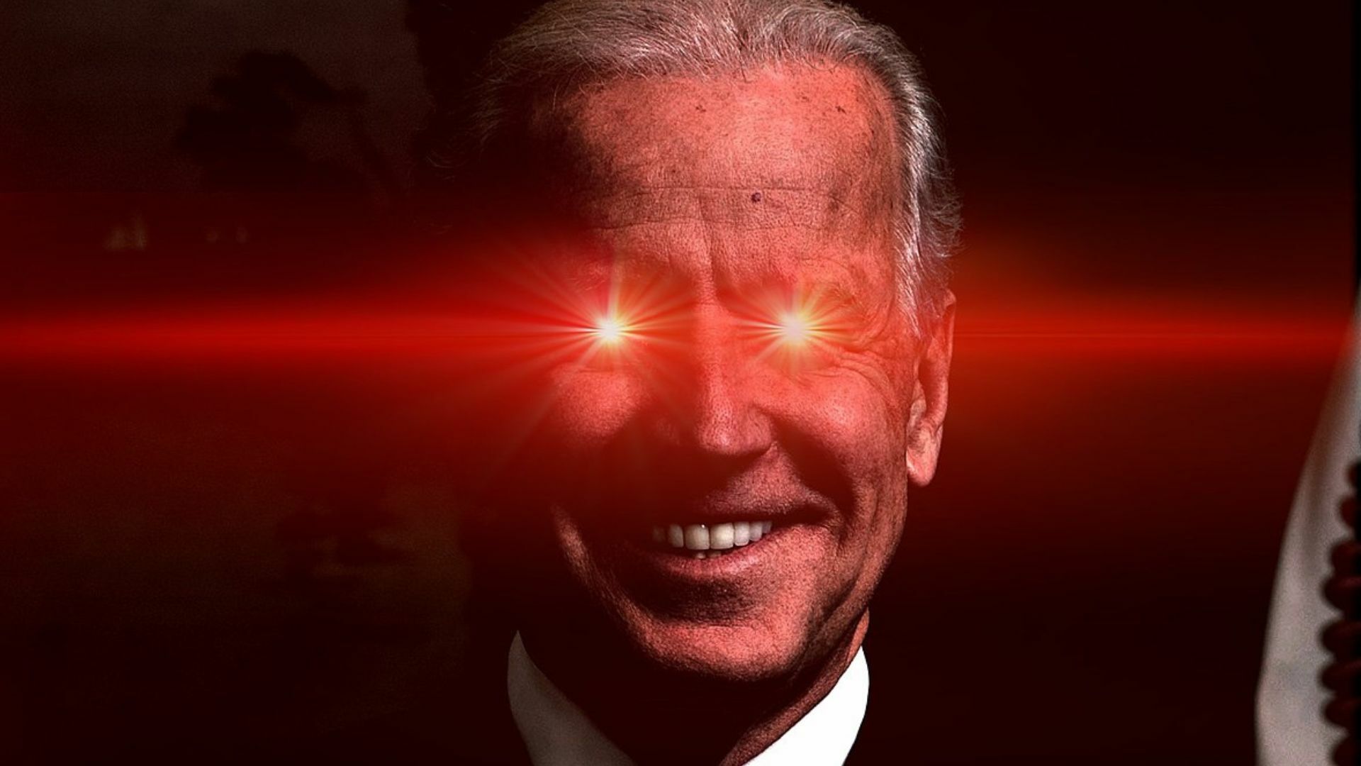 Joe Biden with red laser pointing out of his eyes.