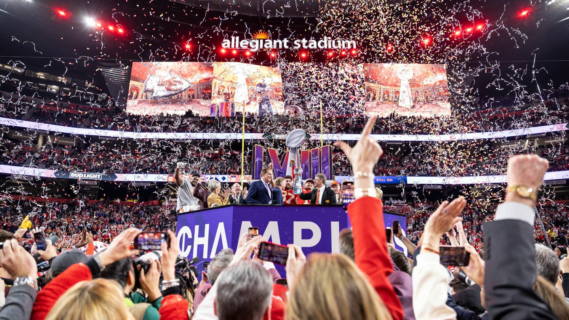 A general wide view during the Trophy ceremony following the NFL Super Bowl 58 football game between the San Francisco 49ers and the Kansas City Chiefs at Allegiant Stadium.