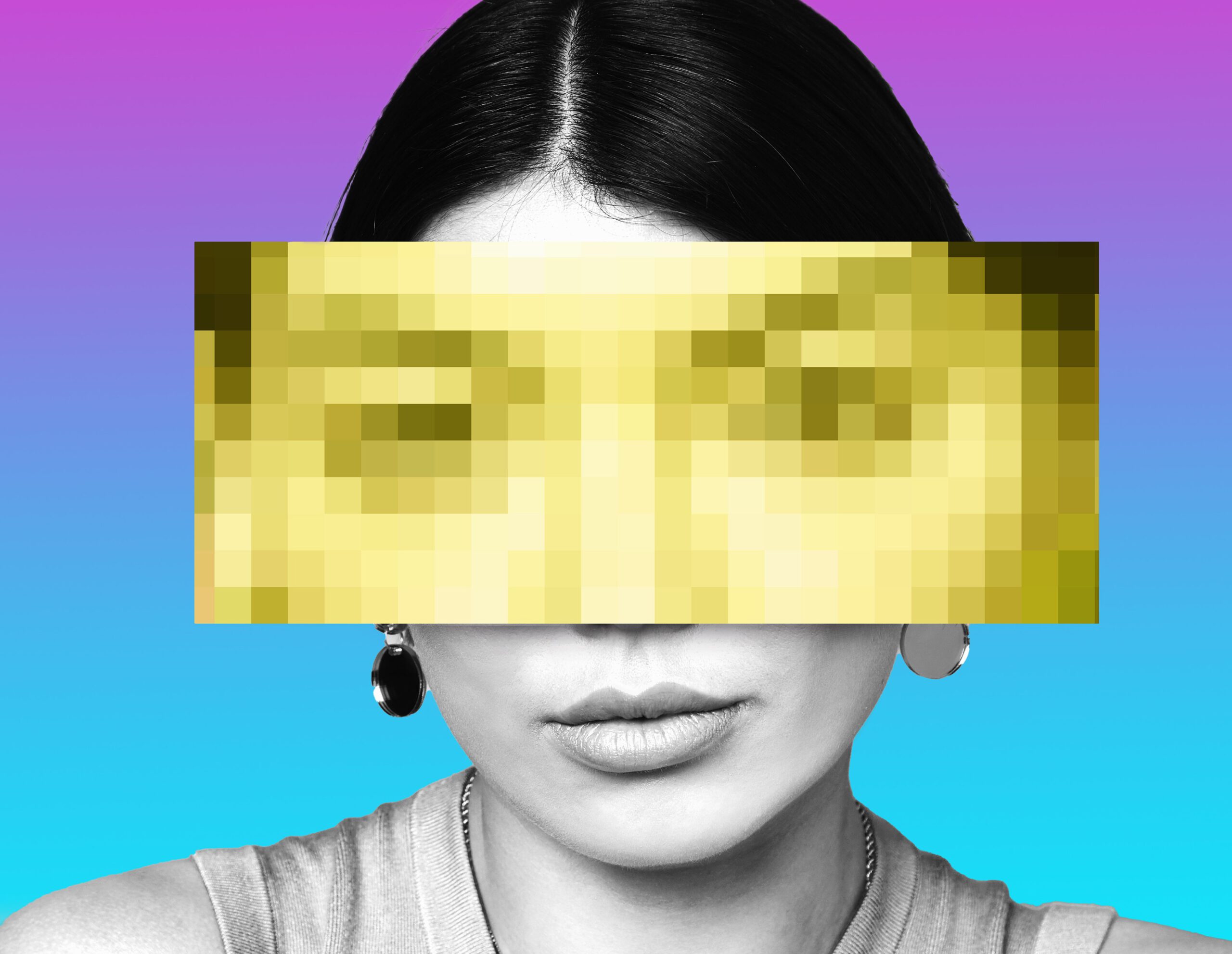 a collage representing digital identity in the form of a woman with a pixelated rectangle hovering over her face