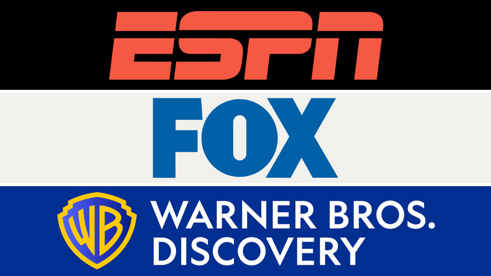 The ESPN, FOX, and Warner Bros. Discovery logos.