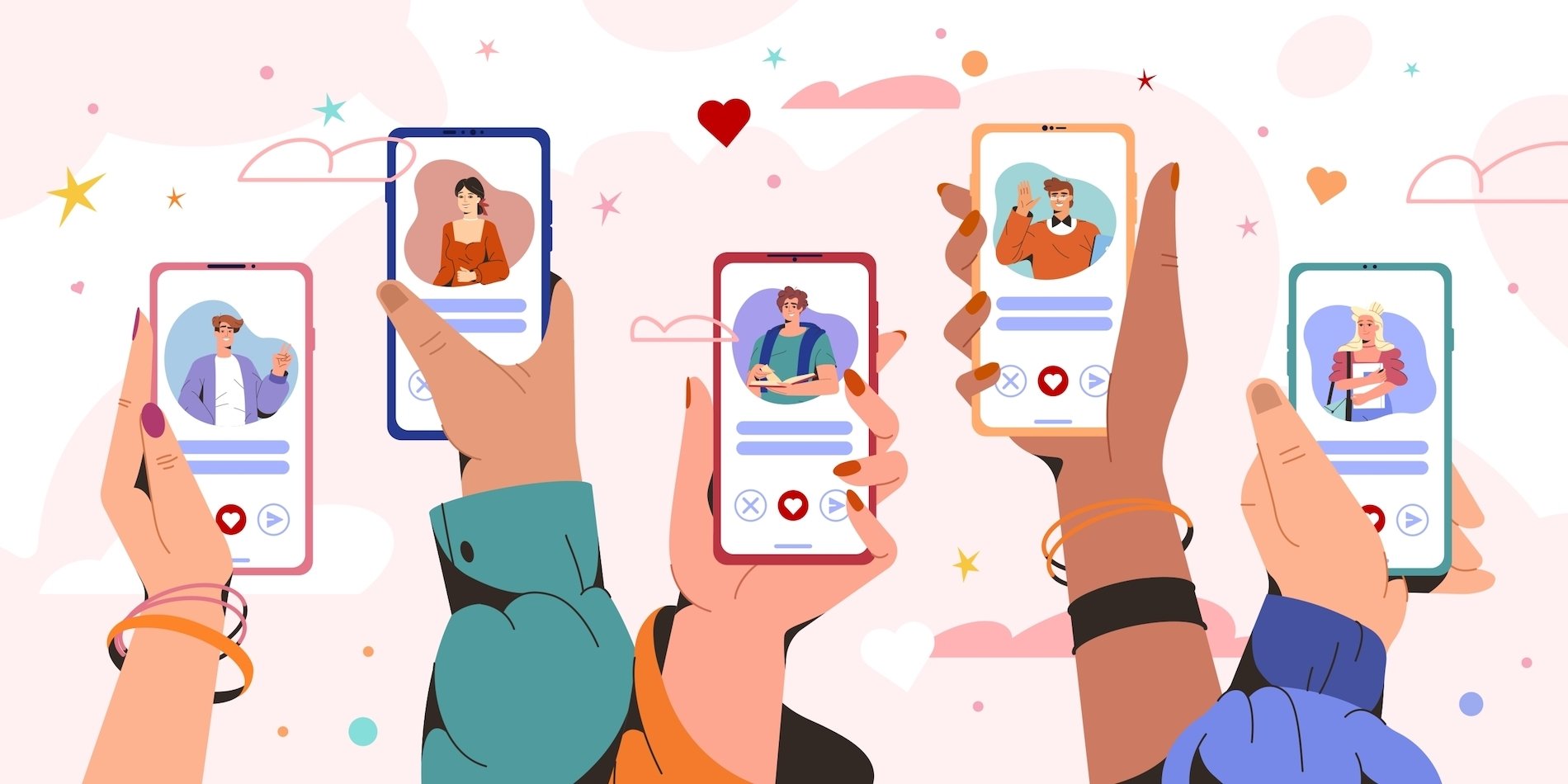 A series of hands holding smartphones with an array of dating app profiles showing men and women's faces. 
