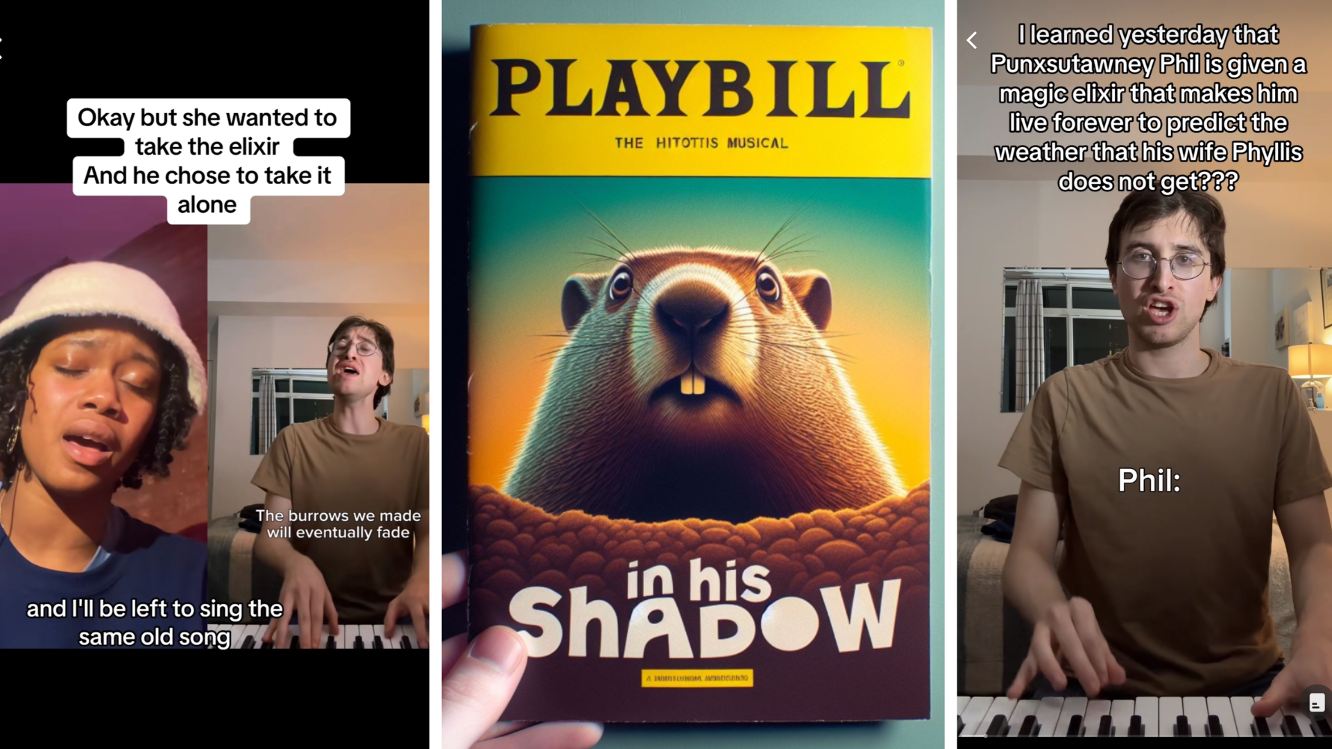 Screenhots of three Tiktoks: One of the original creator (white male) singing the song in a brown shirt at an electric keyboard. Another of him and a duet partner (Black female) singing. In the middle is a mock up of the musical's Playbill, titled 
