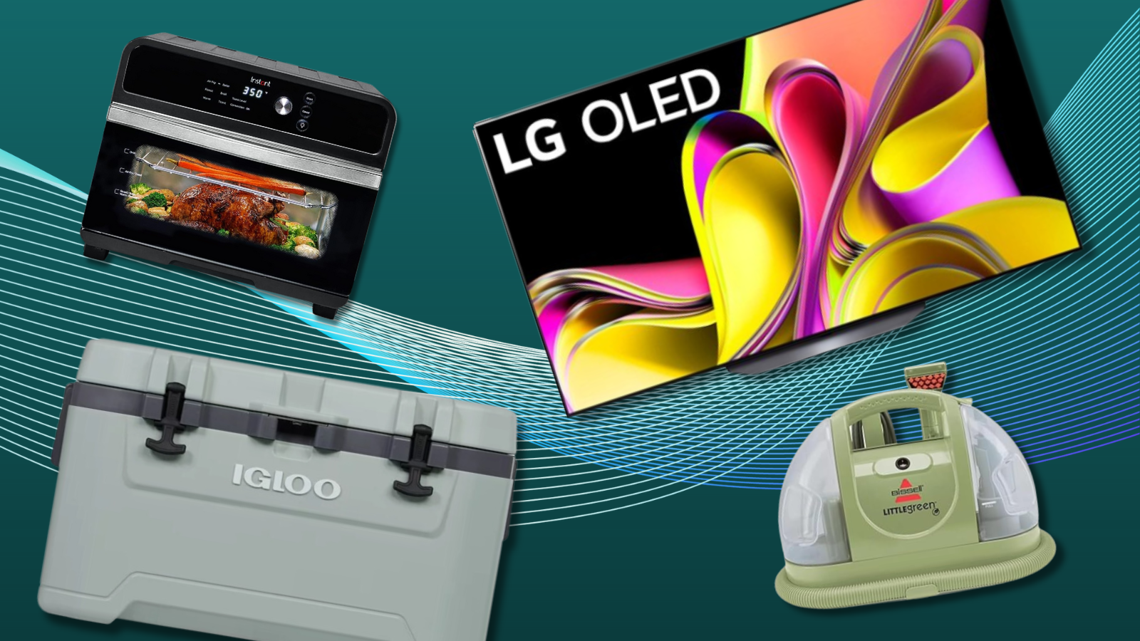 Instant Omni air fryer, Igloo cooler, LG TV, and Bissell Little Green on colorful background