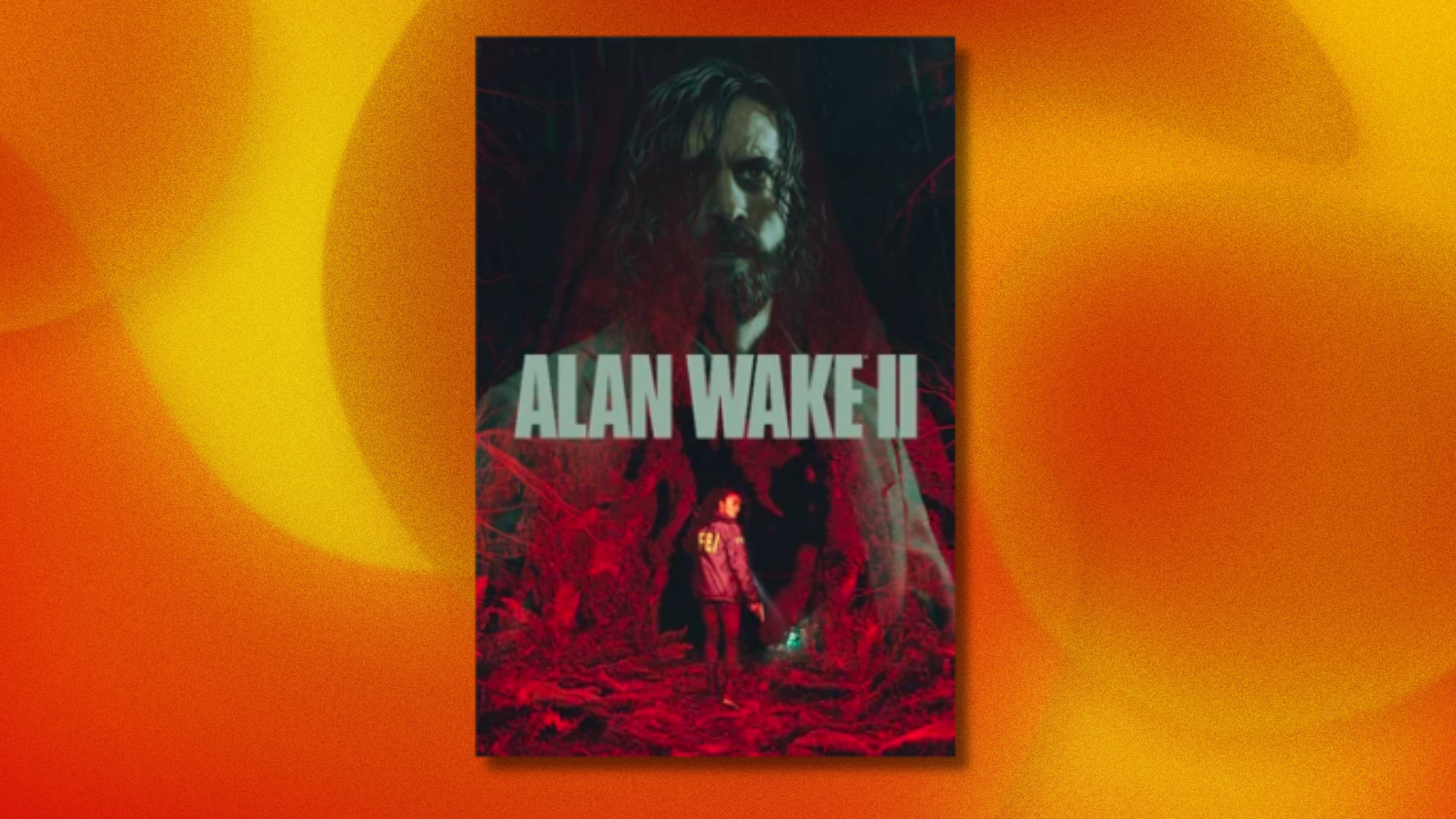 'Alan Wake II' box art on orange abstract background