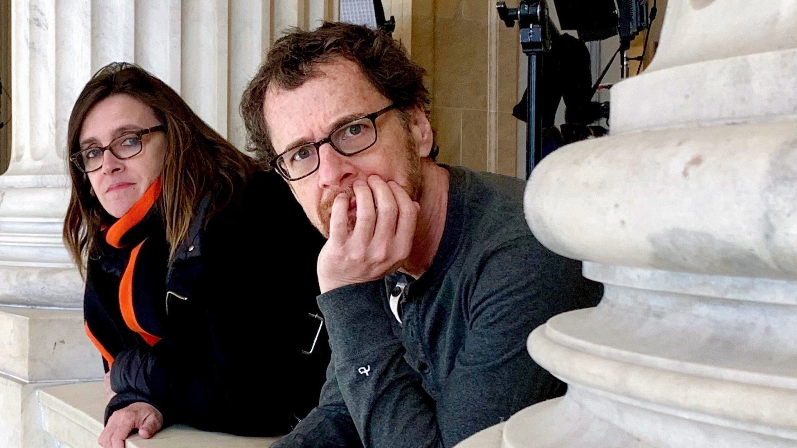 Tricia Cooke and Ethan Coen on the set of 