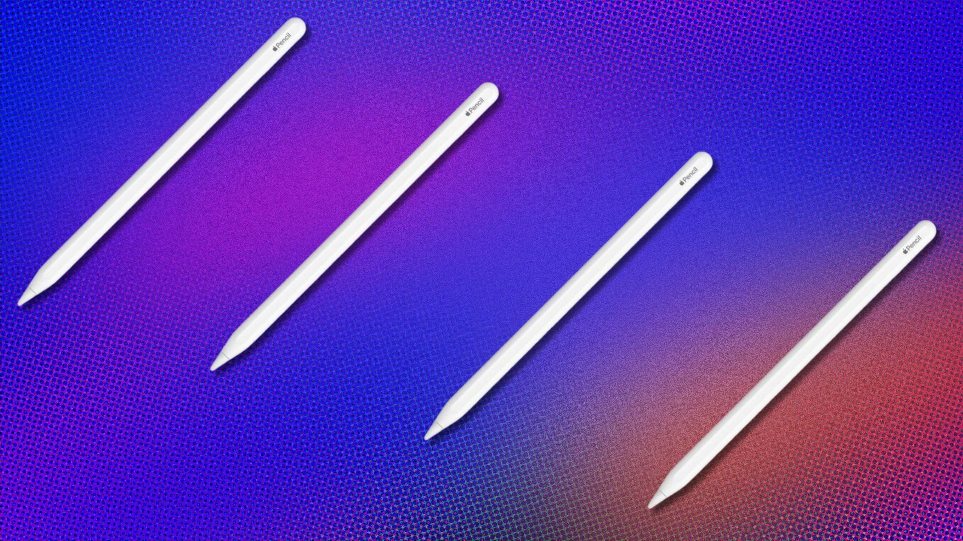four apple pencils on a purple background