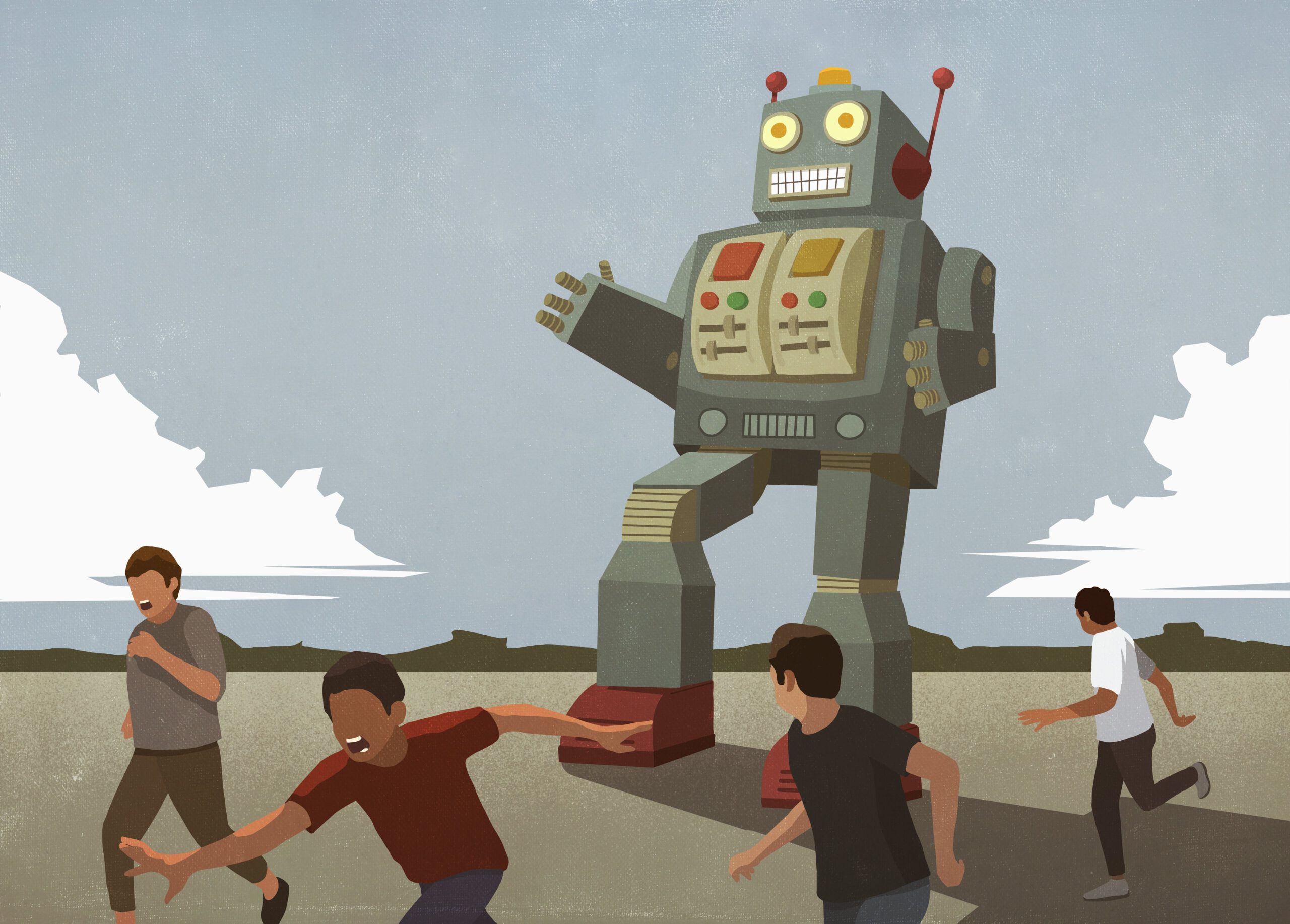 a giant toy robot chases some boys