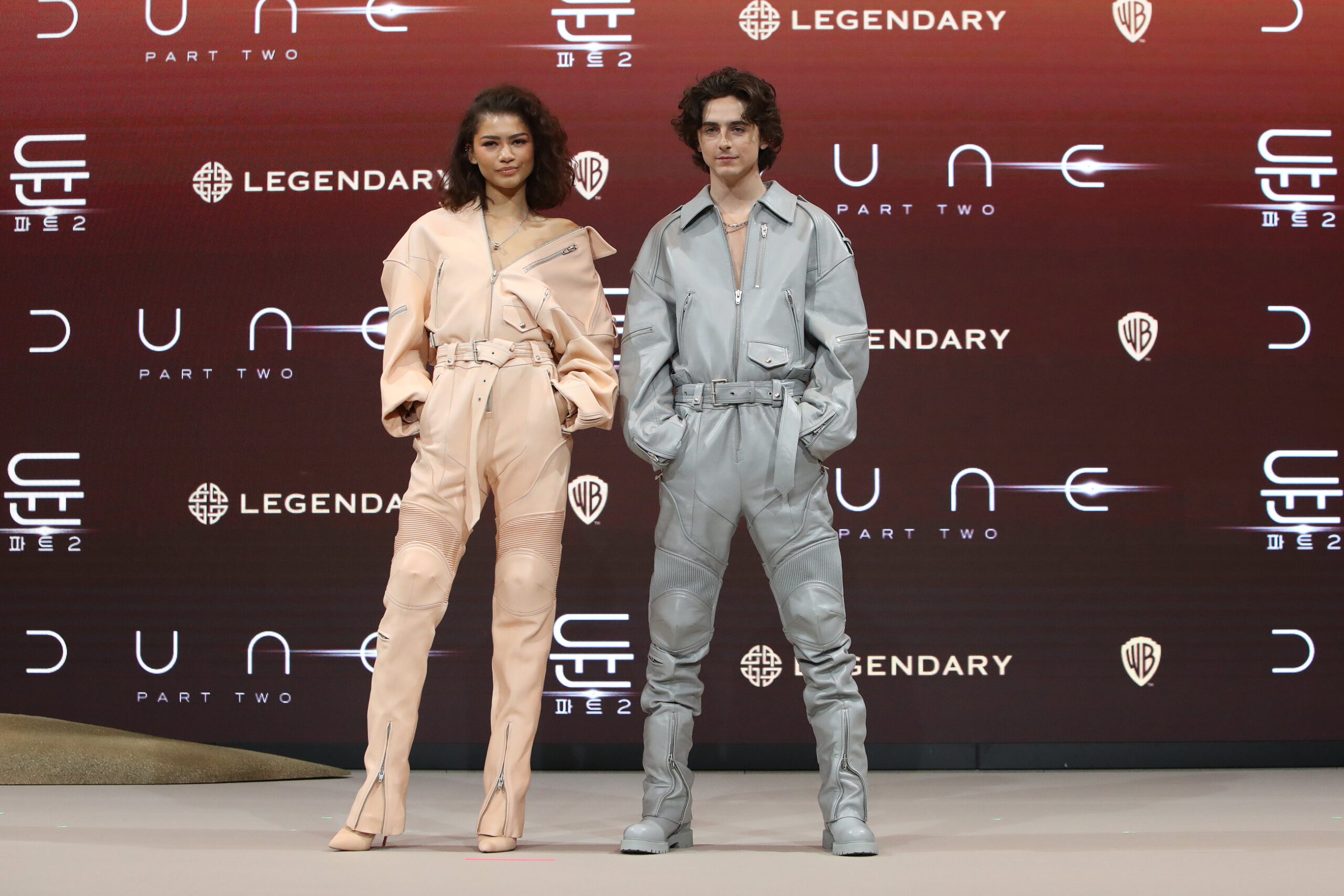 Zendaya and Timothee Chalamet posing in their matching leather coveralls.