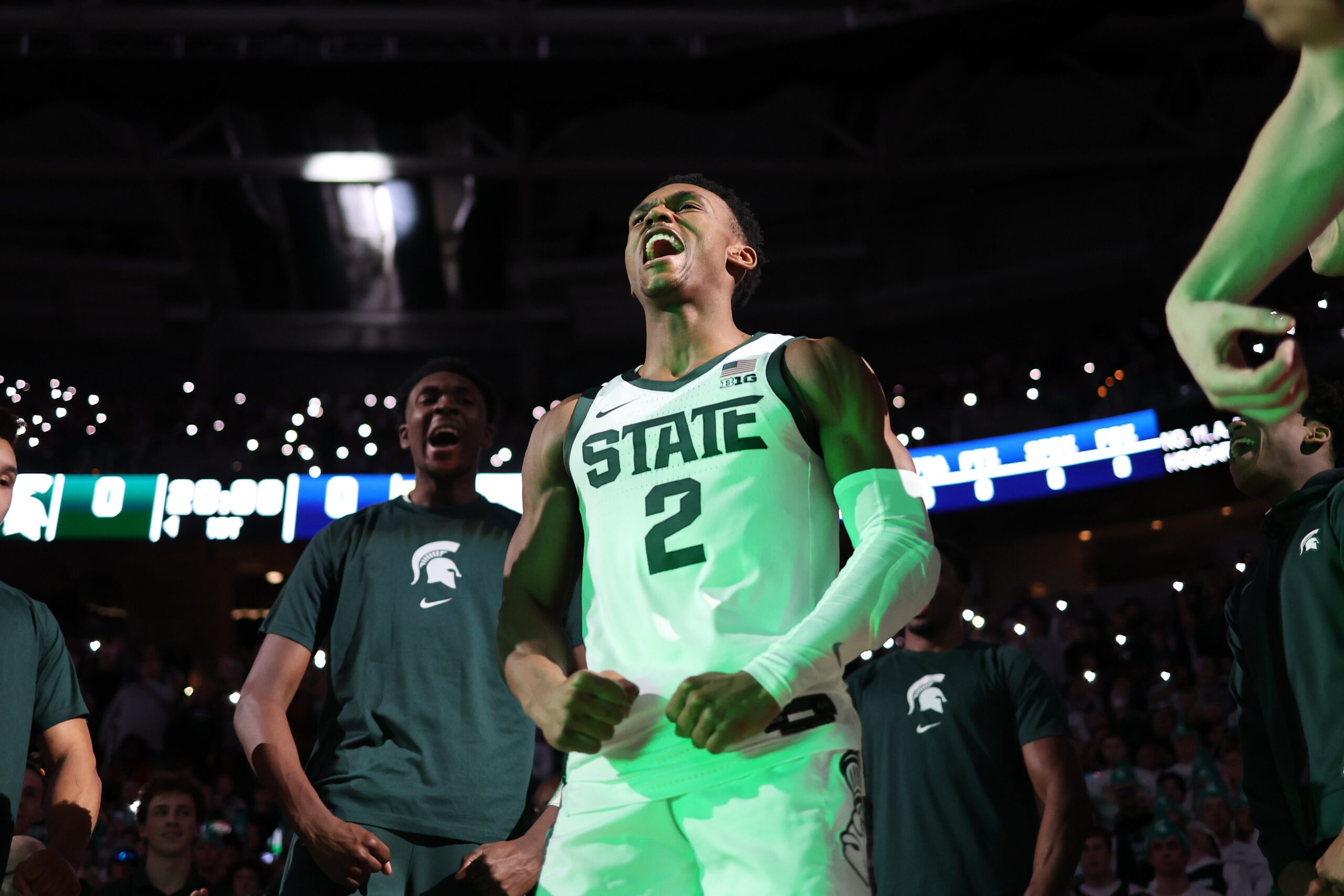 Tyson Walker #2 of the Michigan State Spartans is introduced before a game against the Michigan Wolverines at the Breslin Center on Jan. 30, 2024, in East Lansing, Michigan.