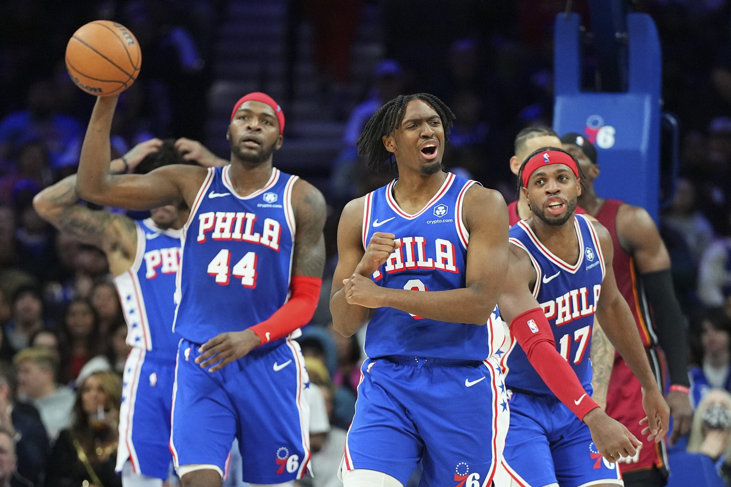Tyrese Maxey of the Philadelphia 76ers reacts