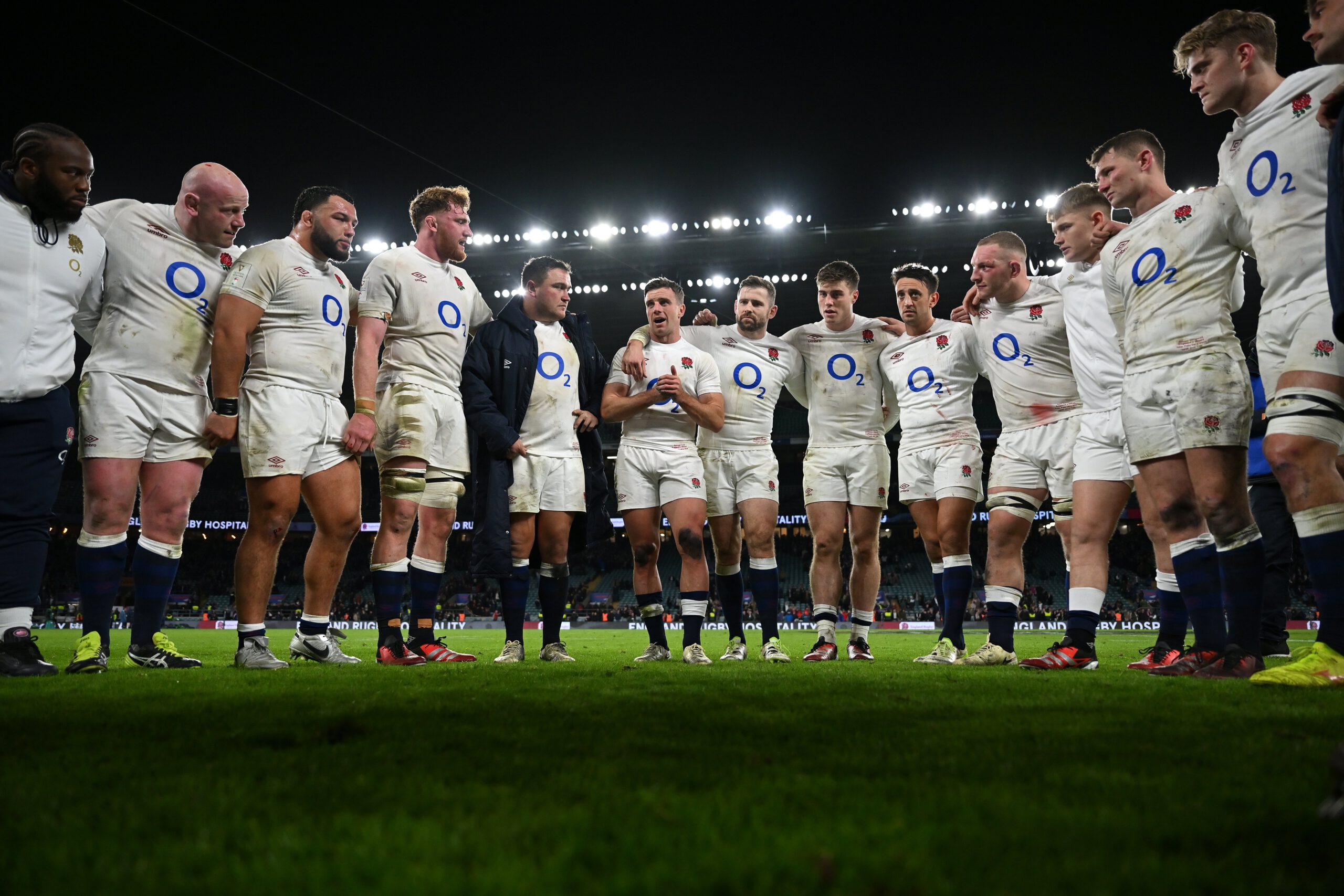 George Ford of England talks to his team mates