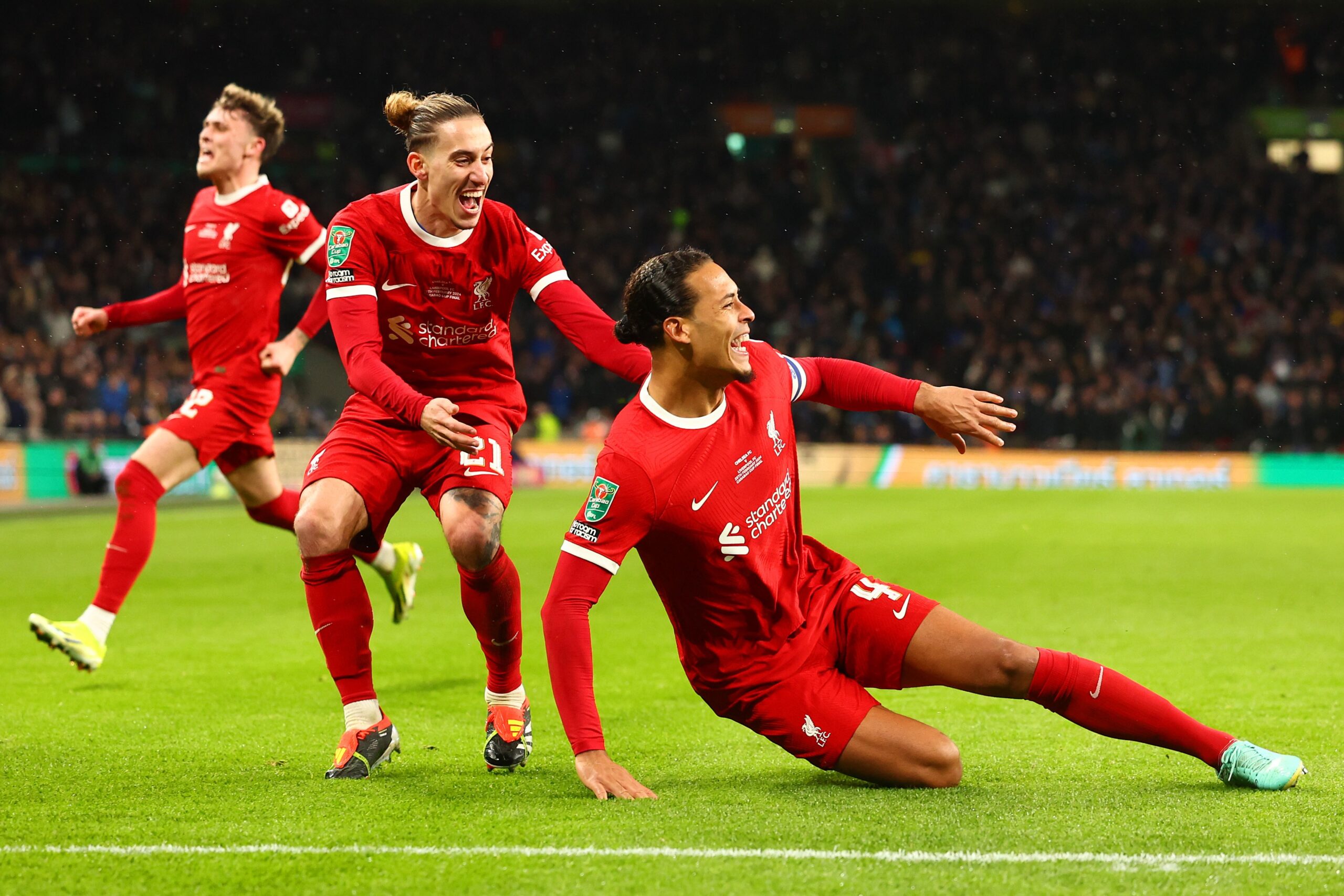 Virgil van Dijk of Liverpool celebrates scoring the winning goal
