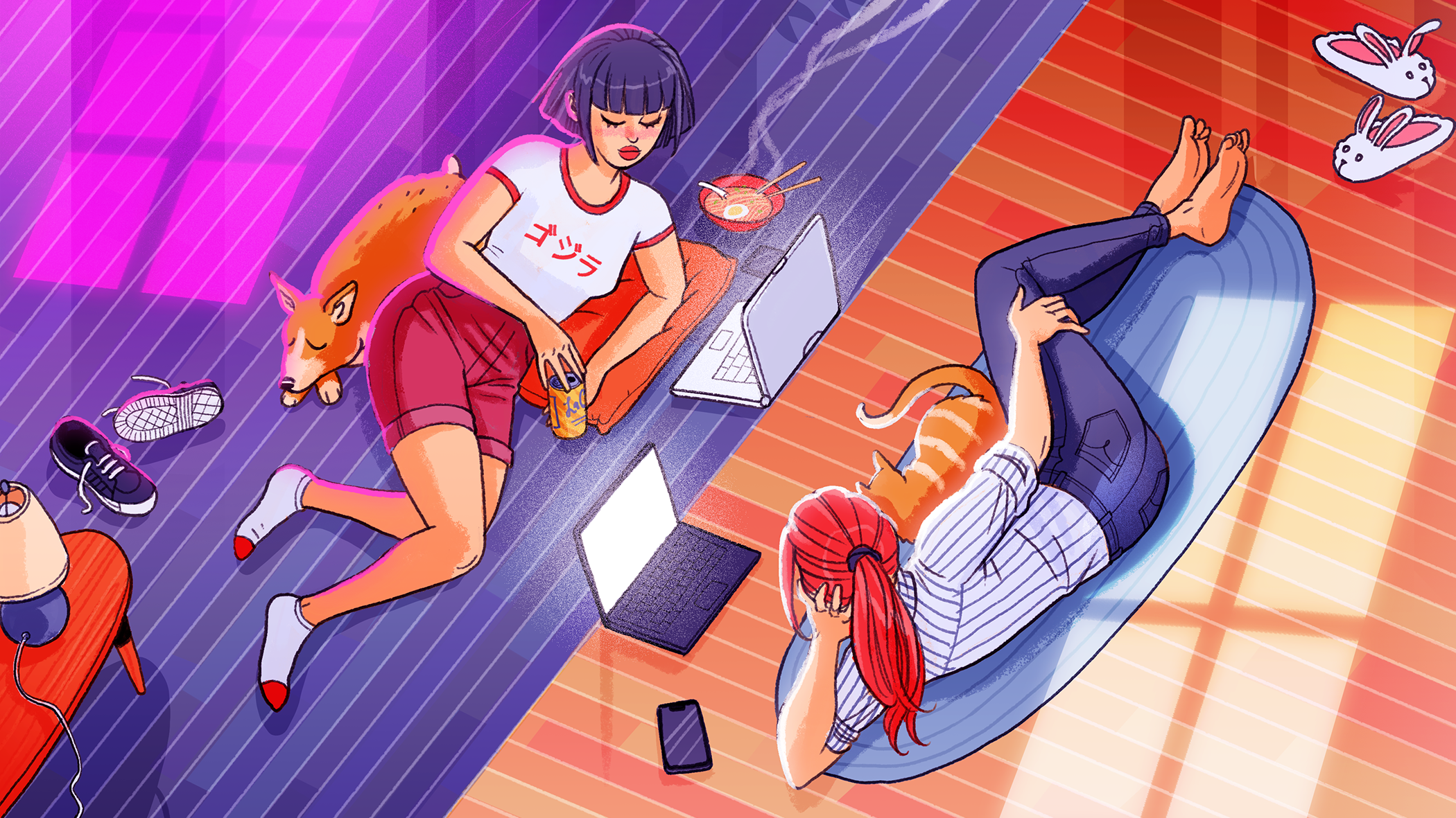 An illustration of two women in front of their laptop screens