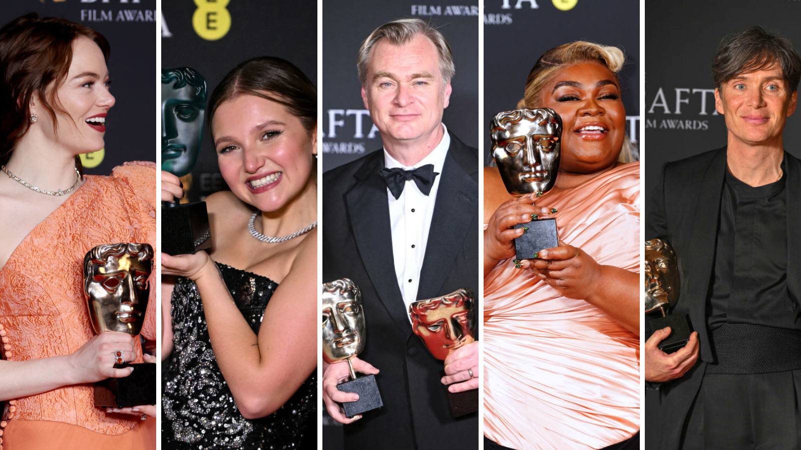 A composite image of Emma Stone, Mia McKenna-Bruce, Christopher Nolan, Da'Vine Joy Randolph, and Cillian Murphy at the 2024 BAFTAs. Each holds a BAFTA trophy, with Nolan holding two.