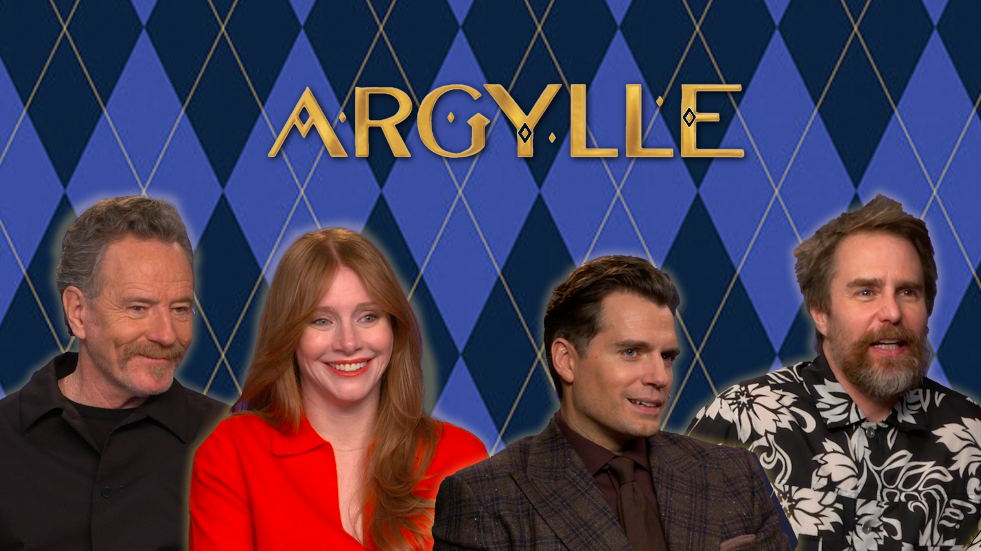 Bryan Cranston, Bryce Dallas Howard, Henry Cavill, and Sam Rockwell in front of an ‘Argylle’ wallpaper.