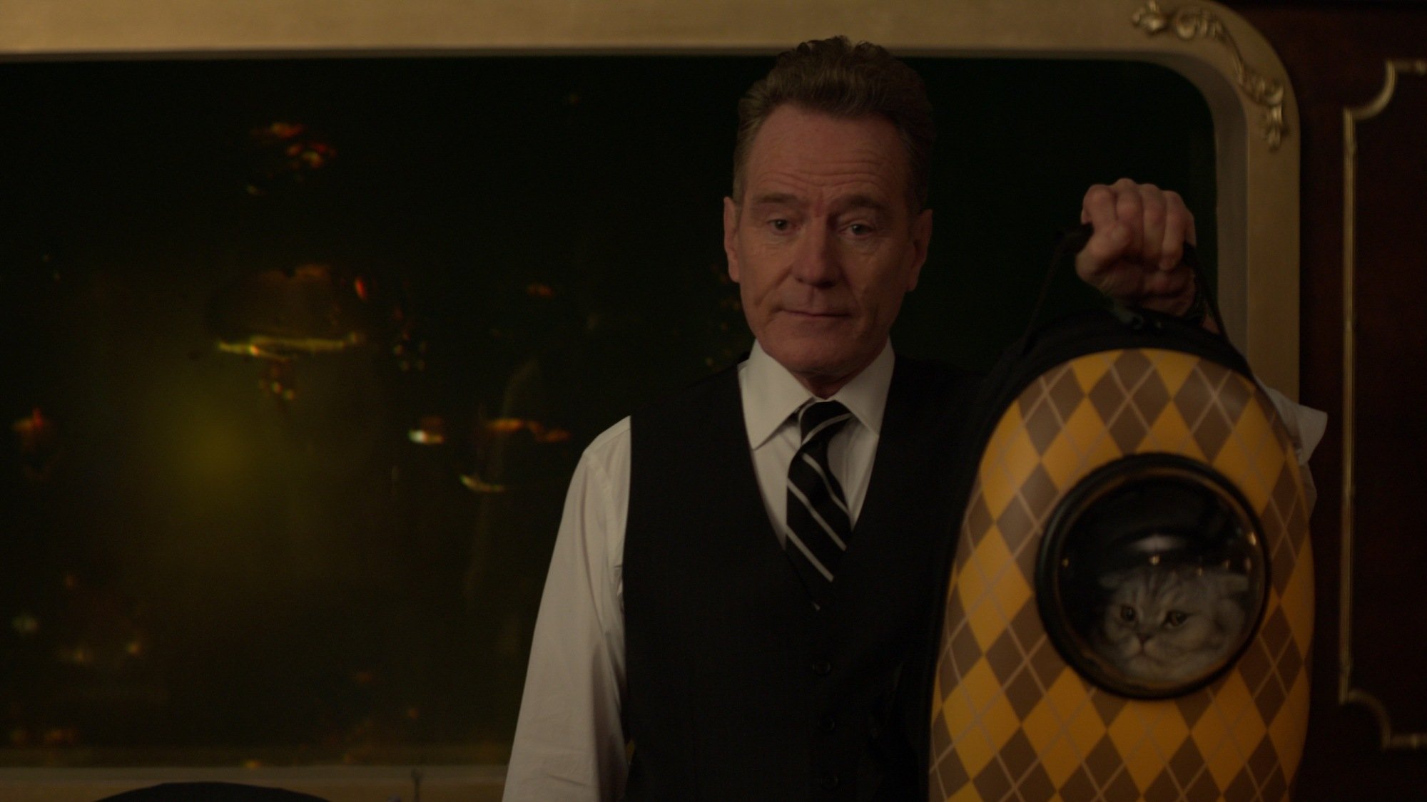 Bryan Cranston and Chip the cat in "Argylle."