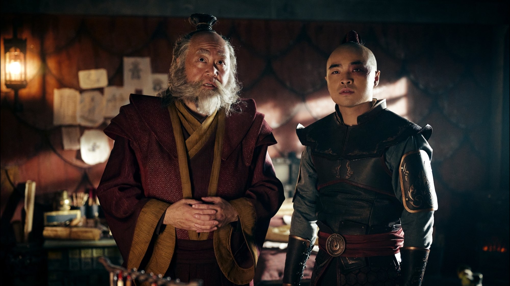 Paul Sun-Hyung Lee as Iroh and Dallas James Liu as Prince Zuko in Netflix's "Avatar: The Last Airbender."