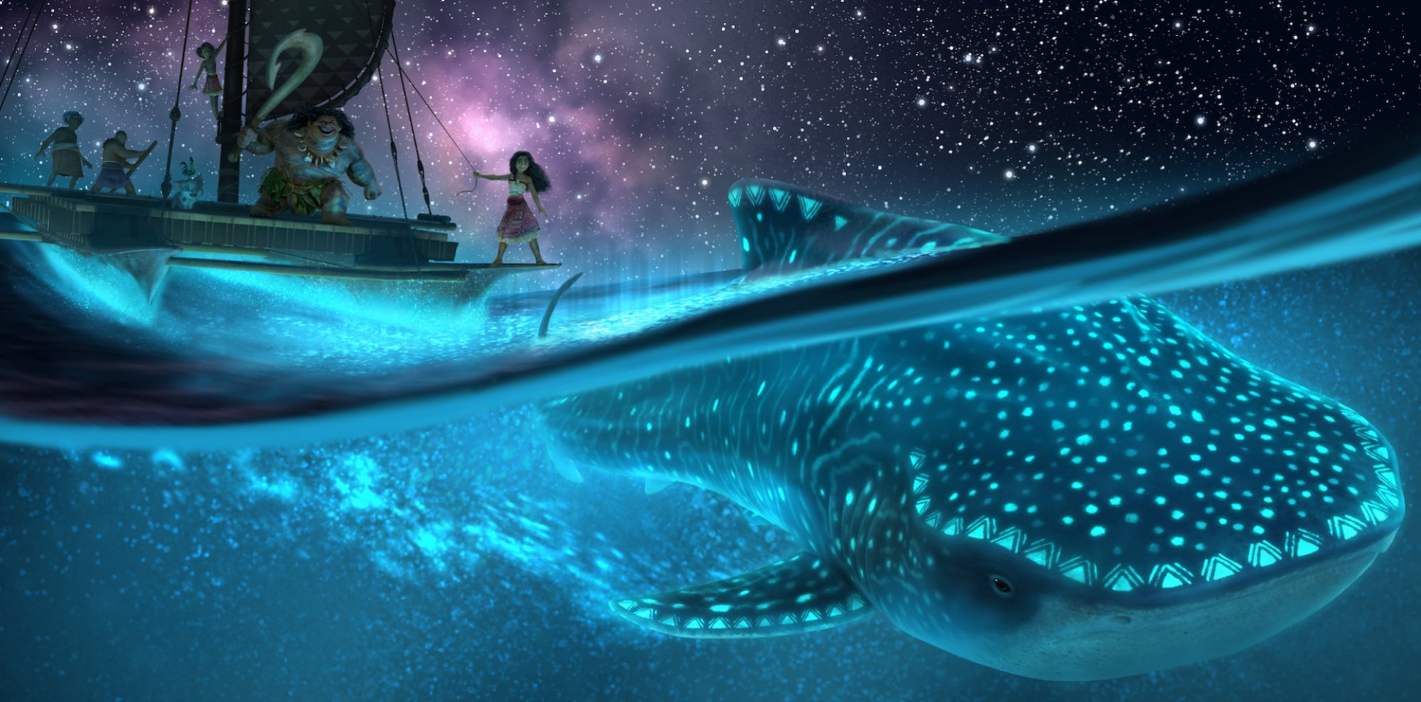 A still from "Moana 2" showing a group on a small boat on the ocean sailing above a whale.
