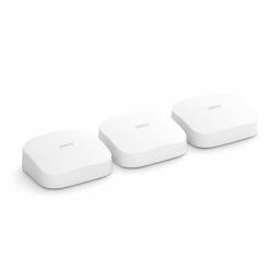 three amazon eero pro 6 wifi routers on a white background