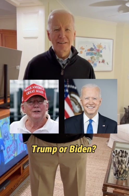 Joe Biden in a TikTok screenshot, with two photographs of the president and Donald Trump underneath.