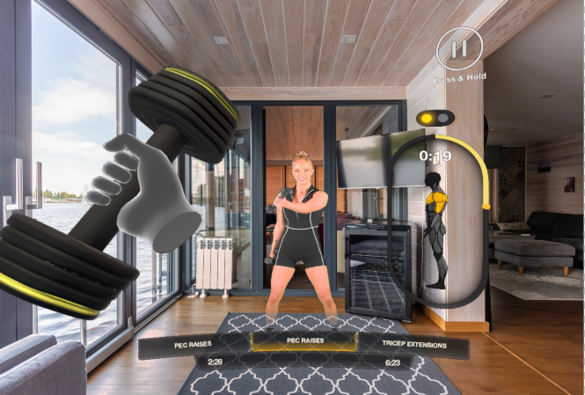 virtual hand holding dumbbell with virtual trainer in view