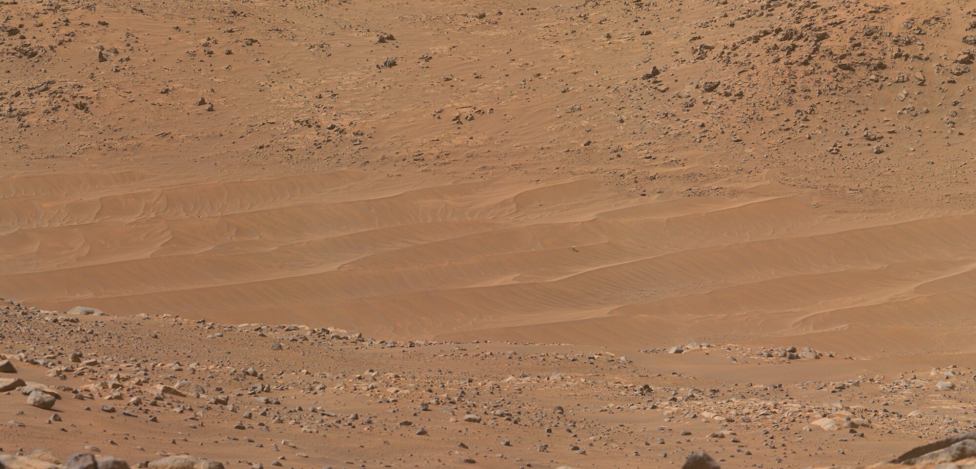 A farther-out view of Ingenuity among sandy desert terrain.
