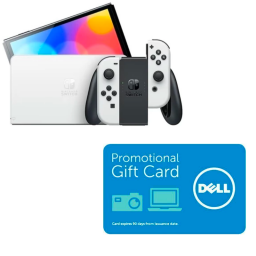 Nintendo Switch OLED and Dell eGift card on white background