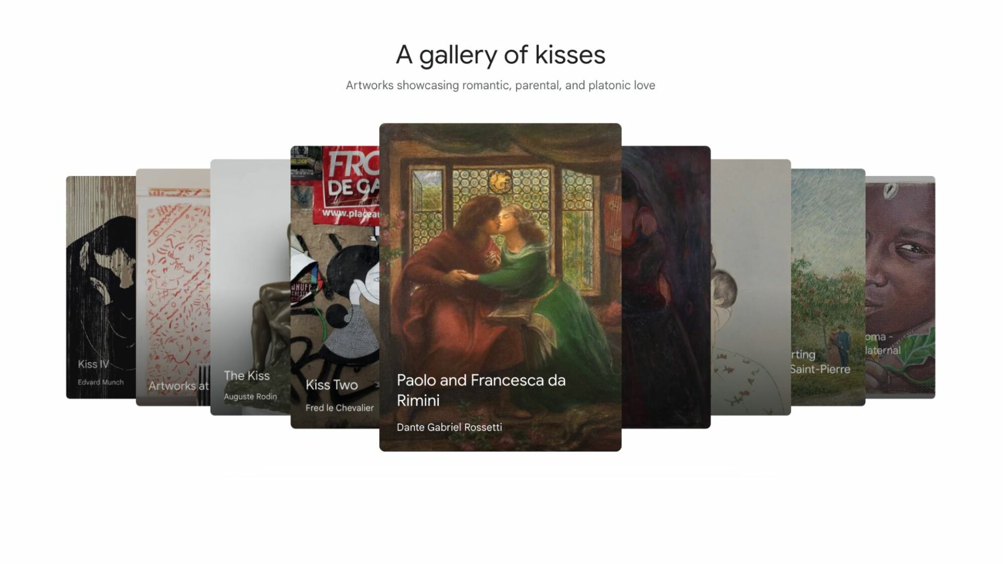 A slideshow of art that reads on top, "a gallery of kisses."