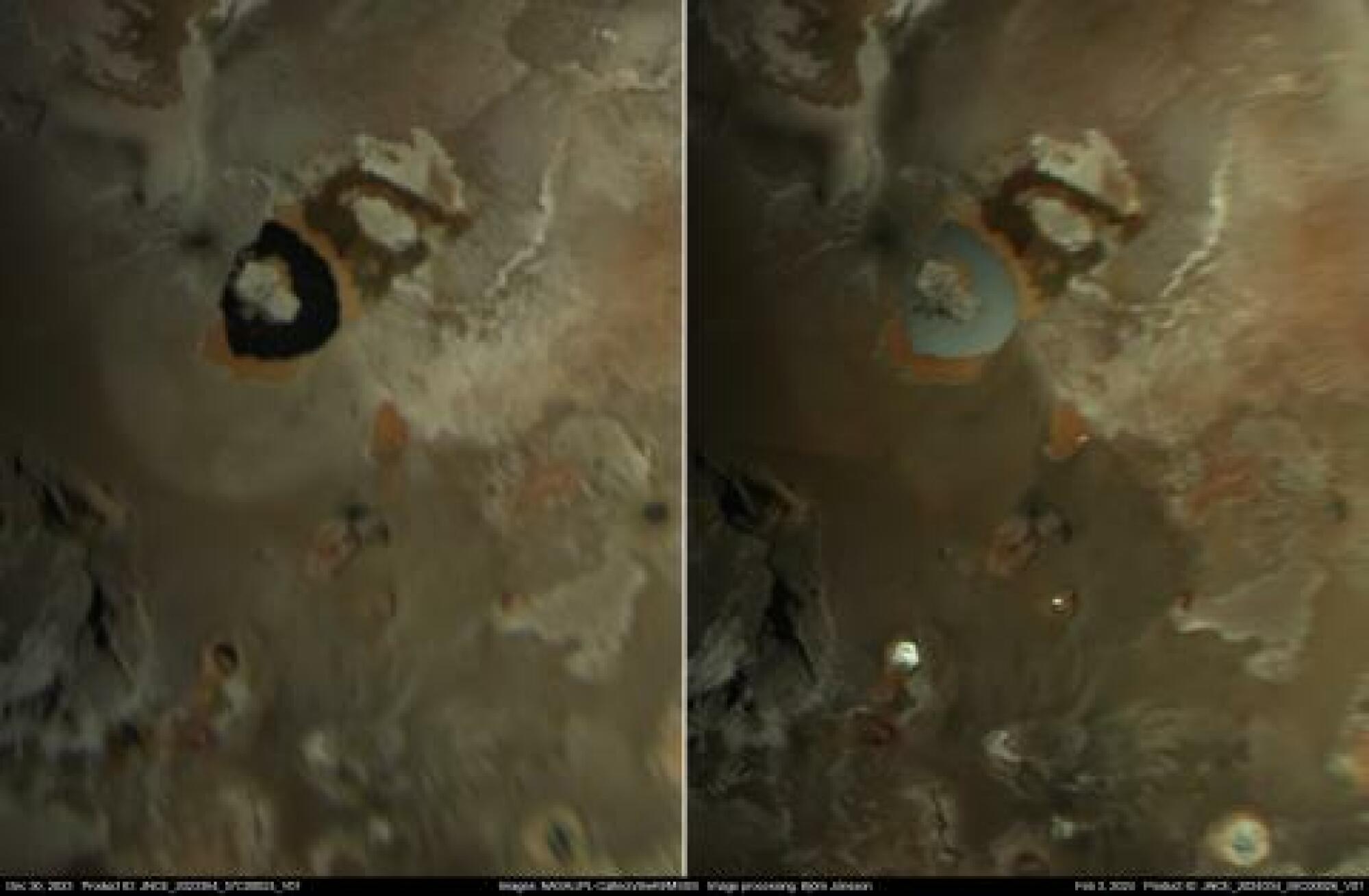 Close-up views of Loki Patera, the horseshoe-shaped feature on the left in both images.