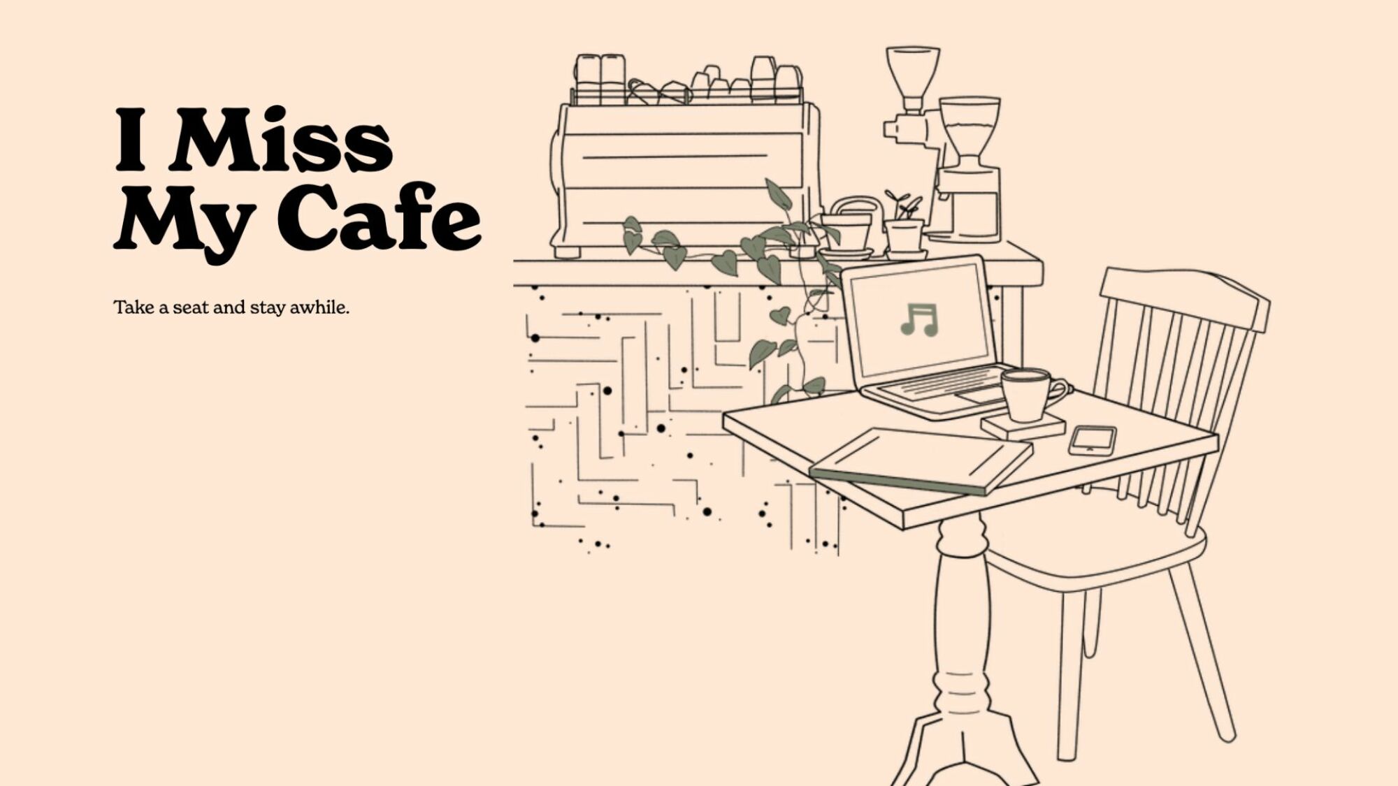 The homepage of IMissMyCafe.com. A line drawing of a table and chair with an open laptop on it. Behind that is a barista bar.