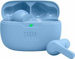 jbl vibe beam earbuds with charging case in blue colorway