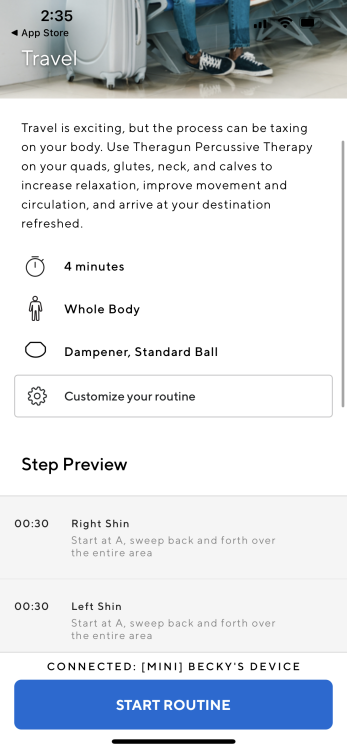 screenshot of therabody app massage gun routine